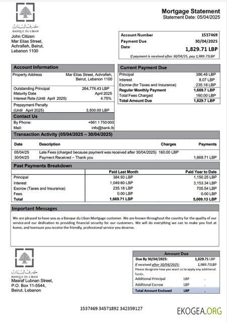 Liban Relevé hypothécaire de la Banque du Liban Modèle Word et PDF